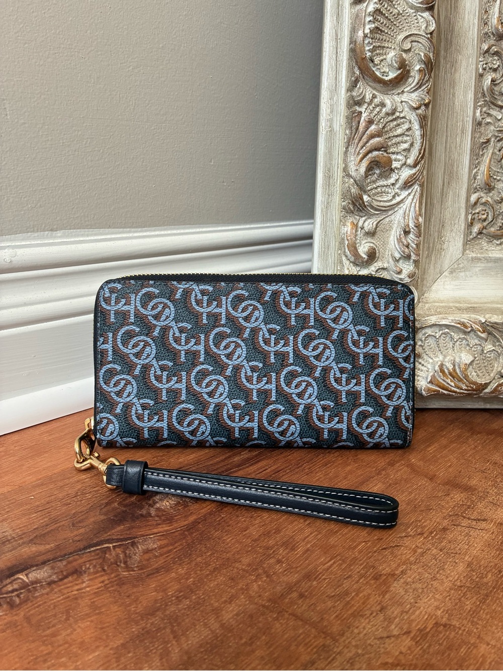 Coach Long Zip Around Wallet with Signature Monogram Print, Navy Blue / Gold